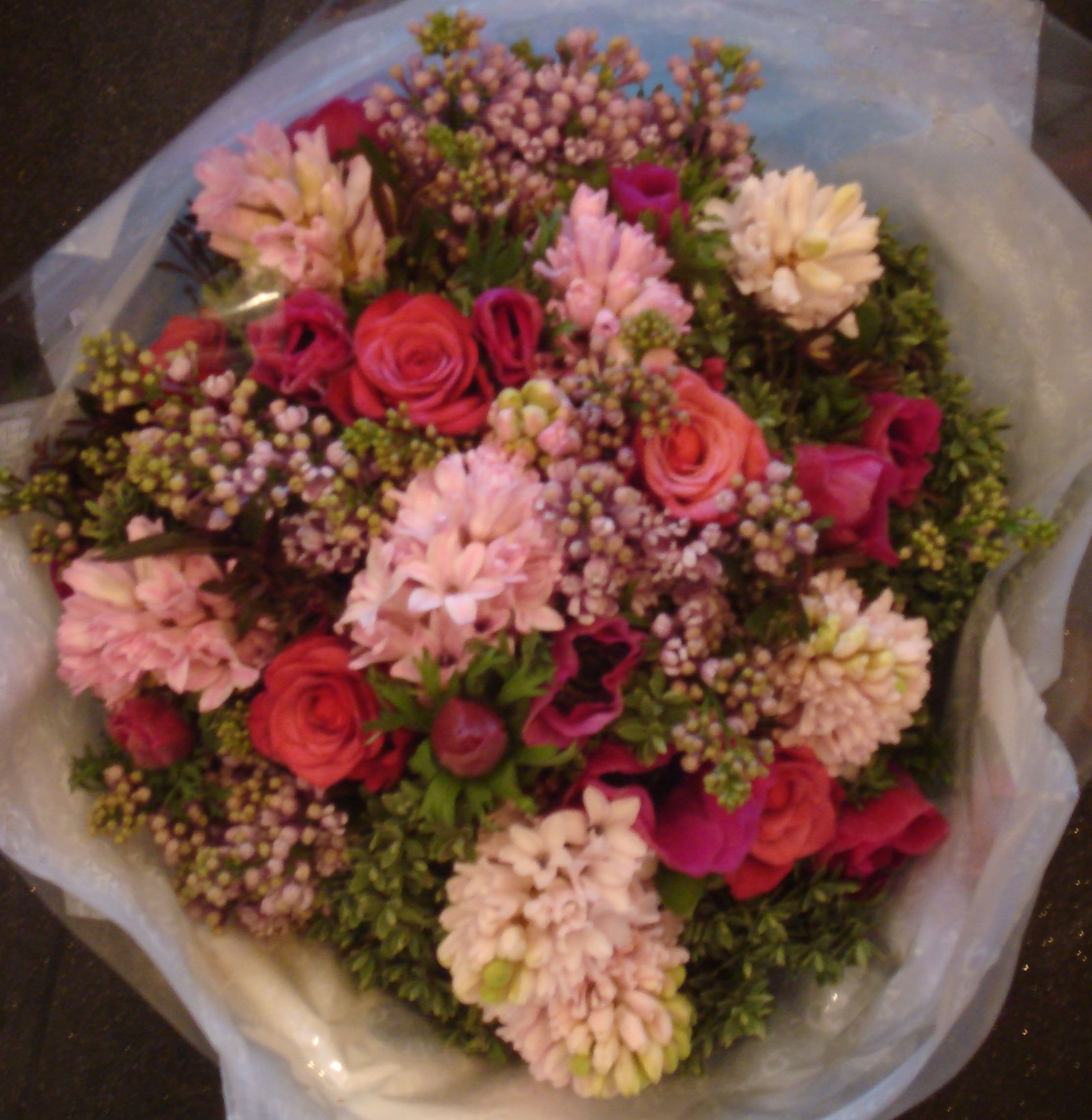 Spring cheer hyacinth bouquet mixed hyacinths roses + wax flowers